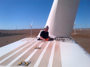 Renaud on the top of a wind turbine